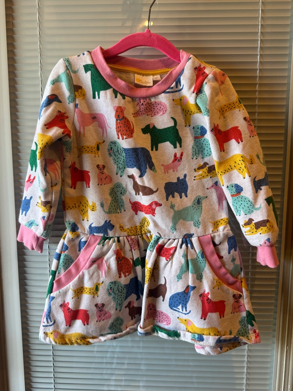 Mini Boden Dog Print Sweatshirt Dress Girls 4-5Y Colorful Puppy Pocket Dress